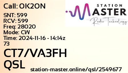 QSL Card for CT7/VA3FH QSO with OK2ON