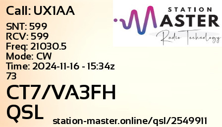 QSL Card for CT7/VA3FH QSO with UX1AA