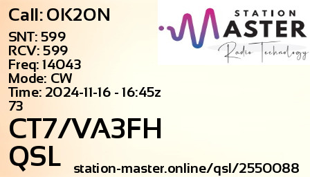 QSL Card for CT7/VA3FH QSO with OK2ON