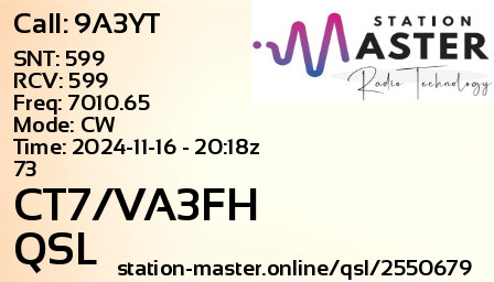 QSL Card for CT7/VA3FH QSO with 9A3YT
