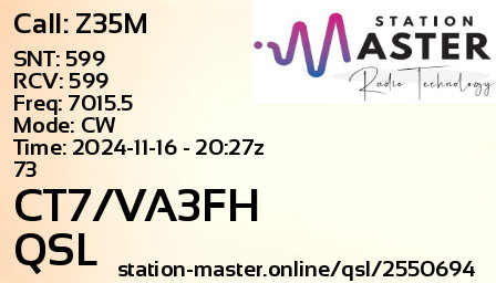 QSL Card for CT7/VA3FH QSO with Z35M