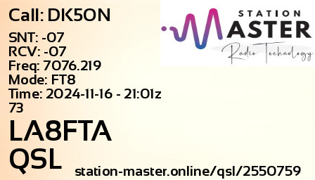 QSL Card for LA8FTA QSO with DK5ON