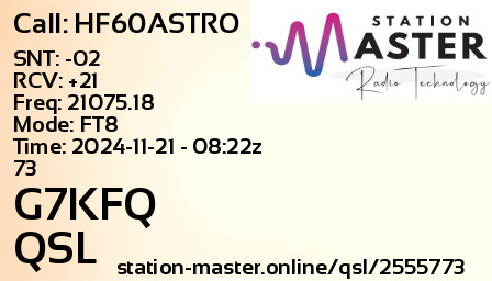 QSL Card for G7KFQ QSO with HF60ASTRO