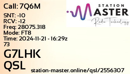 QSL Card for G7LHK QSO with 7Q6M
