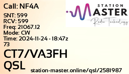 QSL Card for CT7/VA3FH QSO with NF4A