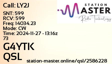 QSL Card for G4YTK QSO with LY2J