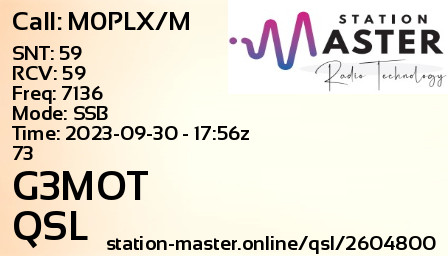 QSL Card for G3MOT QSO with M0PLX/M
