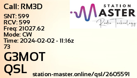 QSL Card for G3MOT QSO with RM3D
