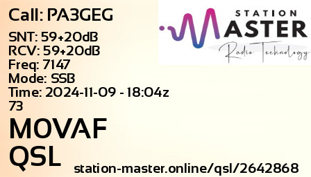 QSL Card for M0VAF QSO with PA3GEG