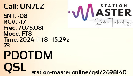 QSL Card for PD0TDM QSO with UN7LZ