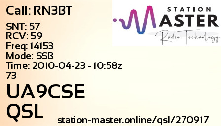QSL Card for UA9CSE QSO with RN3BT
