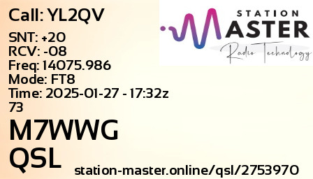QSL Card for M7WWG QSO with YL2QV