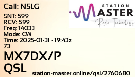 QSL Card for MX7DX/P QSO with N5LG