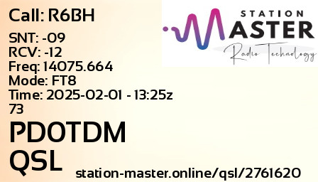 QSL Card for PD0TDM QSO with R6BH
