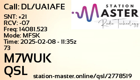 QSL Card for M7WUK QSO with DL/UA1AFE