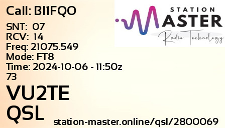 QSL Card for VU2TE QSO with BI1FQO