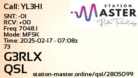 QSL Card for G3RLX QSO with YL3HI