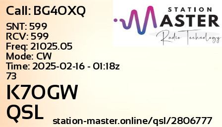 QSL Card for K7OGW QSO with BG4OXQ