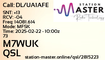 QSL Card for M7WUK QSO with DL/UA1AFE