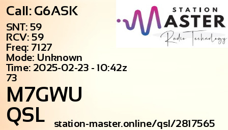 QSL Card for M7GWU QSO with G6ASK
