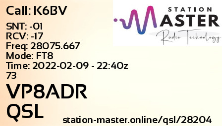 QSL Card for VP8ADR QSO with K6BV
