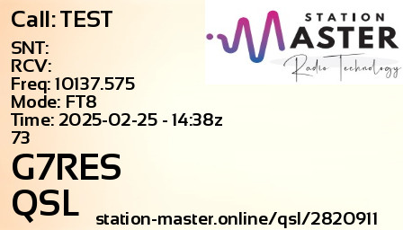 QSL Card for G7RES QSO with TEST