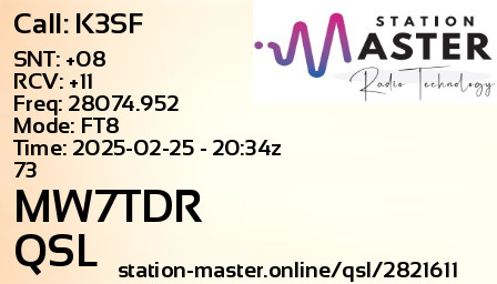 QSL Card for MW7TDR QSO with K3SF