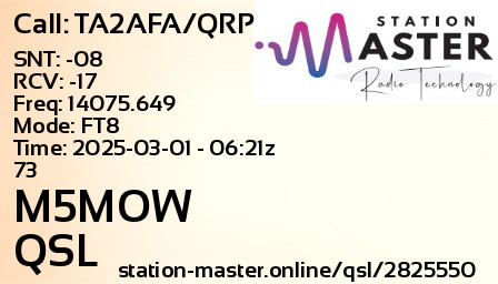 QSL Card for M5MOW QSO with TA2AFA/QRP