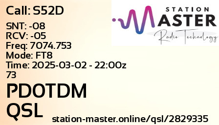 QSL Card for PD0TDM QSO with S52D