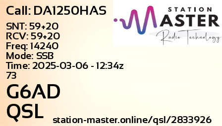QSL Card for G6AD QSO with DA1250HAS