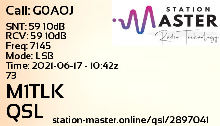 QSL Card for M1TLK QSO with G0AOJ