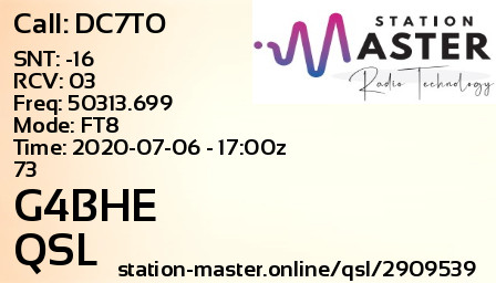 QSL Card for G4BHE QSO with DC7TO