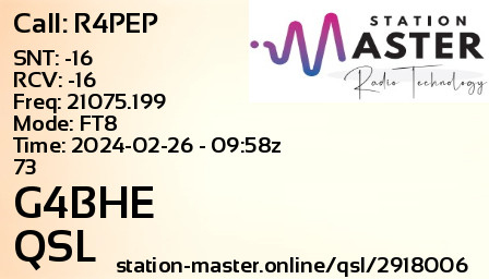 QSL Card for G4BHE QSO with R4PEP