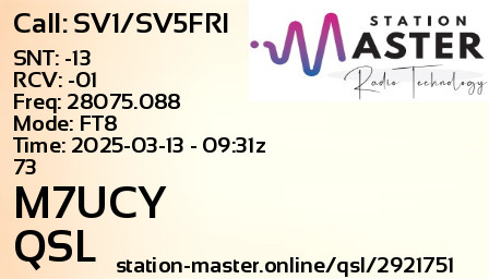 QSL Card for M7UCY QSO with SV1/SV5FRI