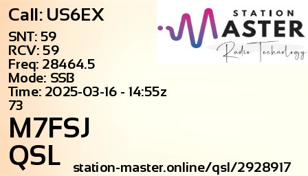 QSL Card for M7FSJ QSO with US6EX