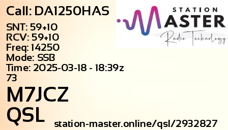 QSL Card for M7JCZ QSO with DA1250HAS
