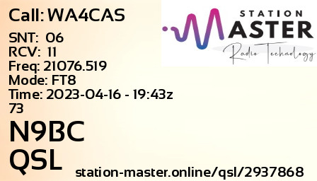 QSL Card for N9BC QSO with WA4CAS