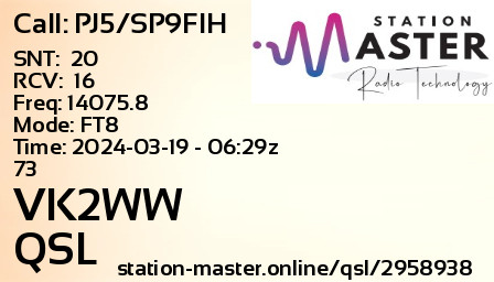 QSL Card for VK2WW QSO with PJ5/SP9FIH