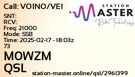 QSL Card for M0WZM QSO with VO1NO/VE1