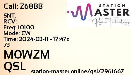 QSL Card for M0WZM QSO with Z68BB