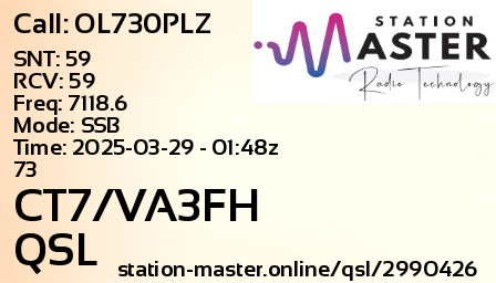 QSL Card for CT7/VA3FH QSO with OL730PLZ