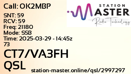QSL Card for CT7/VA3FH QSO with OK2MBP
