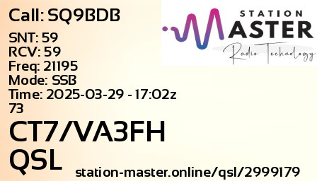 QSL Card for CT7/VA3FH QSO with SQ9BDB
