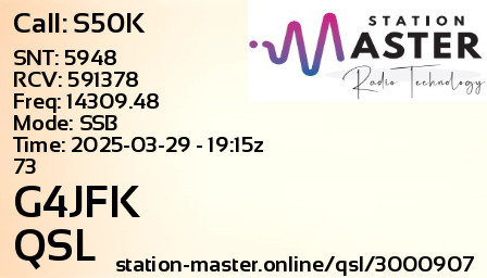 QSL Card for G4JFK QSO with S50K