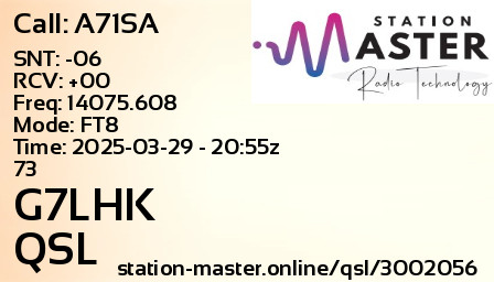 QSL Card for G7LHK QSO with A71SA