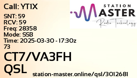 QSL Card for CT7/VA3FH QSO with YT1X