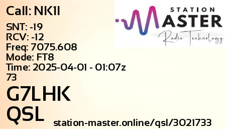 QSL Card for G7LHK QSO with NK1I