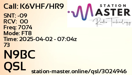 QSL Card for N9BC QSO with K6VHF/HR9