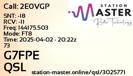 QSL Card for G7FPE QSO with 2E0VGP