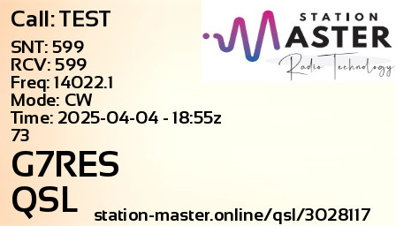QSL Card for G7RES QSO with TEST